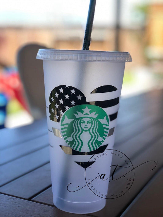 Thin Grey Line Cold Cup, Starbucks reusable cold cup, cold cup, thin blue line, thin grey line, thin yellow line, freeshipping - CraftingwithAmy